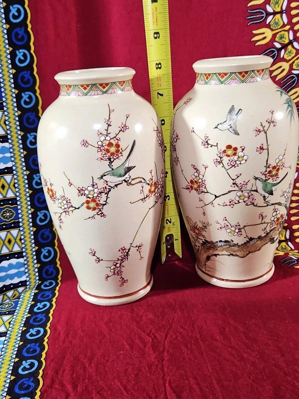 VTG Japanese Shinkozan Satsuma Handpainted Crackle Glaze Vase Birds/Blossoms #2